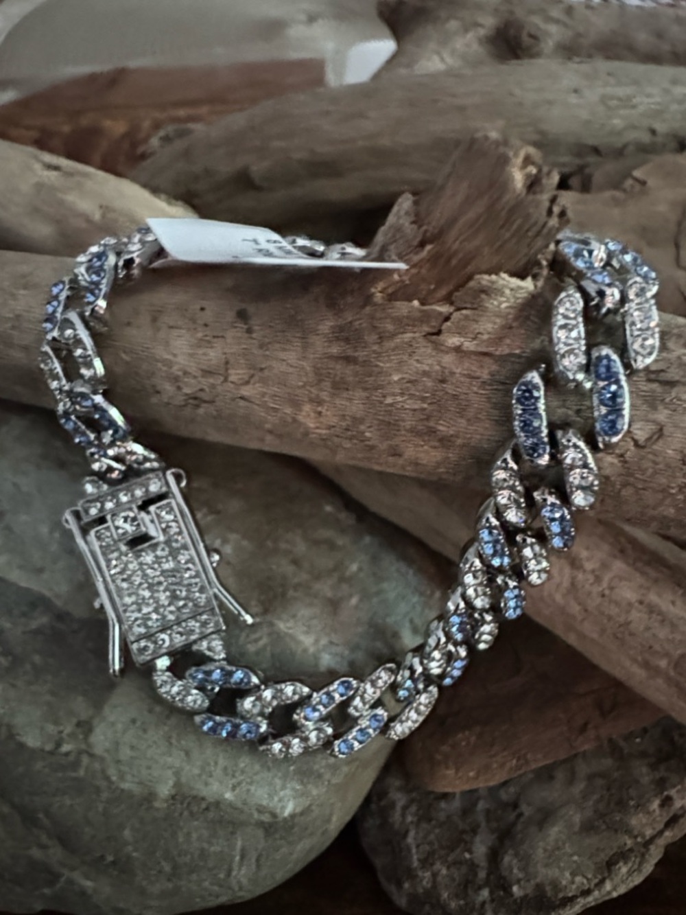 Rhodium Bracelet with Blue and White Crystal  7”